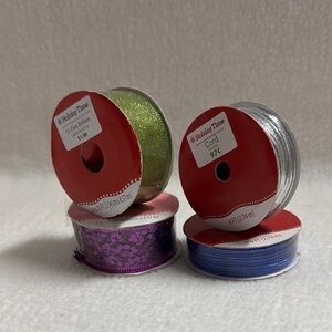4 Holiday Time Gift Wrap Ribbon & Cord Green Purple Silver Blue New 48’ Total